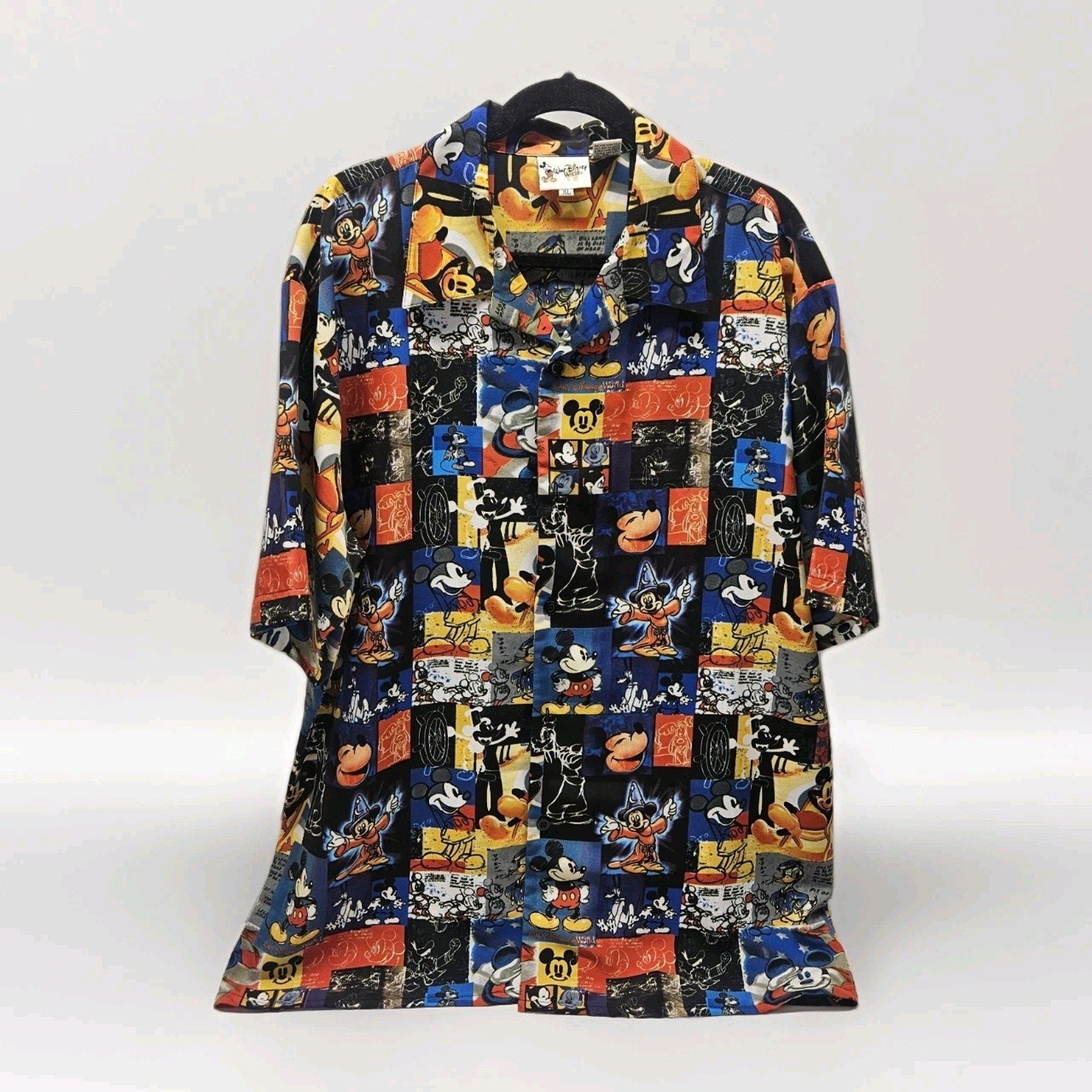 Vtg Mickey Mouse SORCERER Art Animation Disneyland XL Men's Dress Aloha Shirt