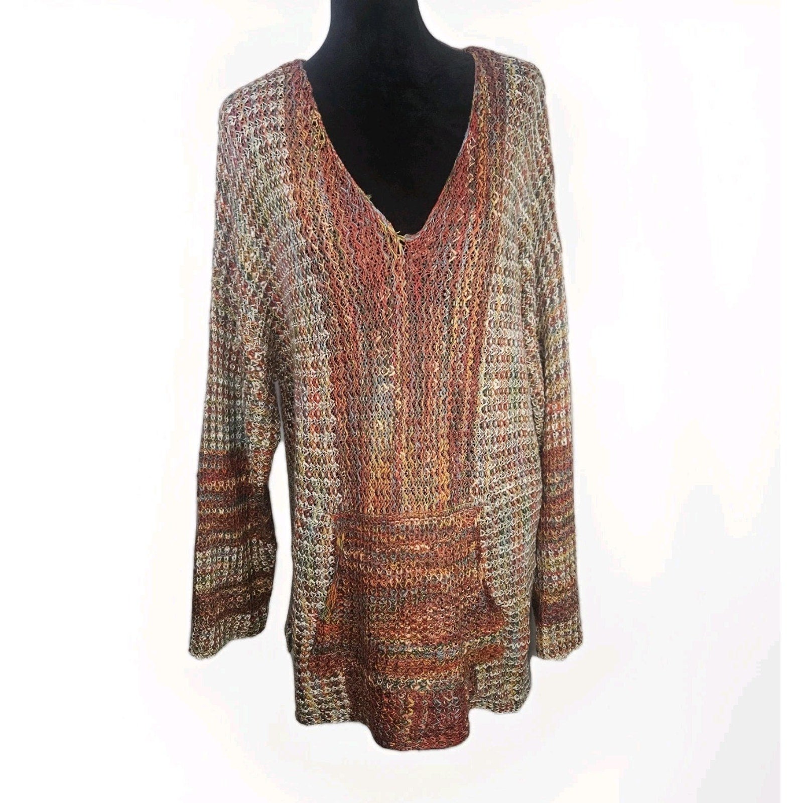 Angie Buckle Space Dye SweaterOpen Knit Boho Pullover Sweater Tunic XL Orange