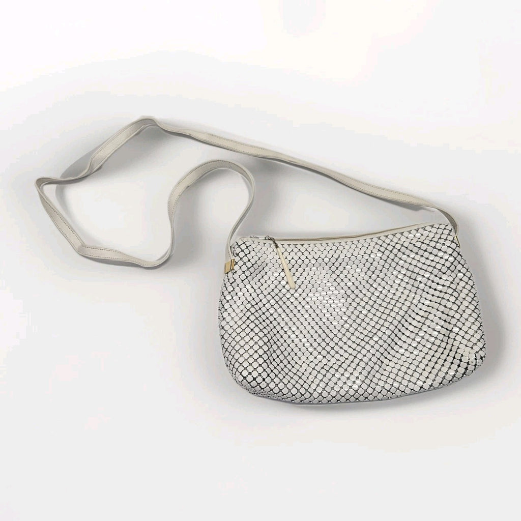 Retro Whiting and Davis Mini Handbag Purse White Metal Mesh Evening Shoulder