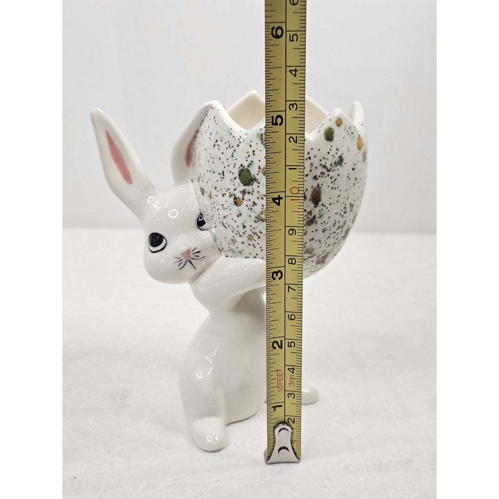 Vintage Mid Century Hand Painted Porcelain Bunny Holding Egg Easter Spring Art