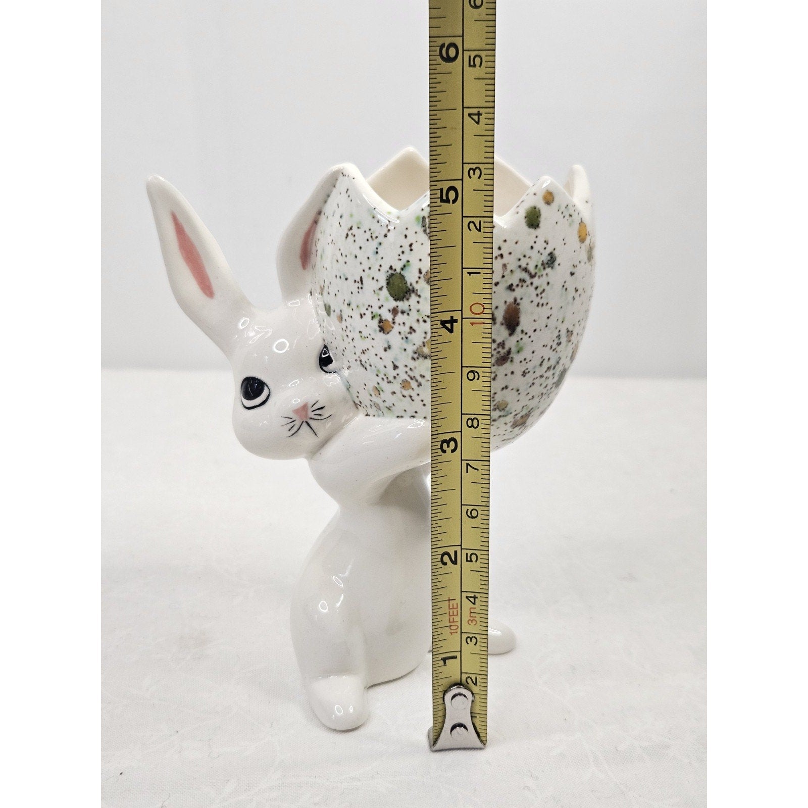 Vintage Mid Century Hand Painted Porcelain Bunny Holding Egg Easter Spring Art