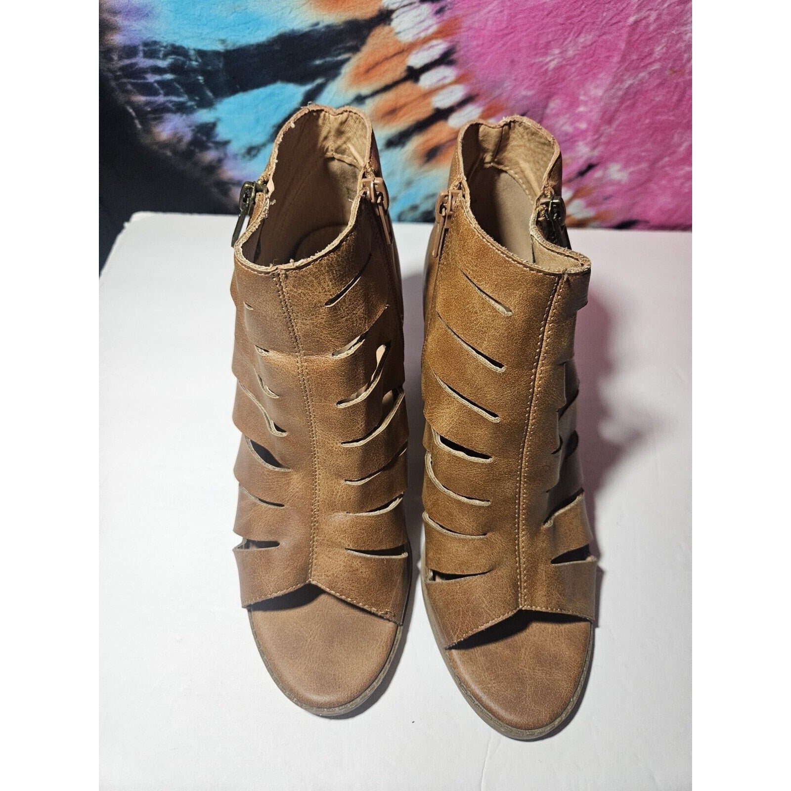 Report Peep Toe Heeled Booties Brown Faux Leather Heels Sandals Size 9 Elise