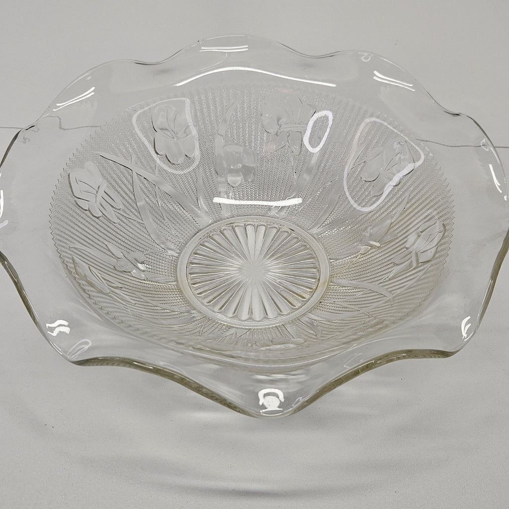 Vintage Iris and Herringbone Jeanette Glass Bowl Fluted Edge Retro Clear Glass
