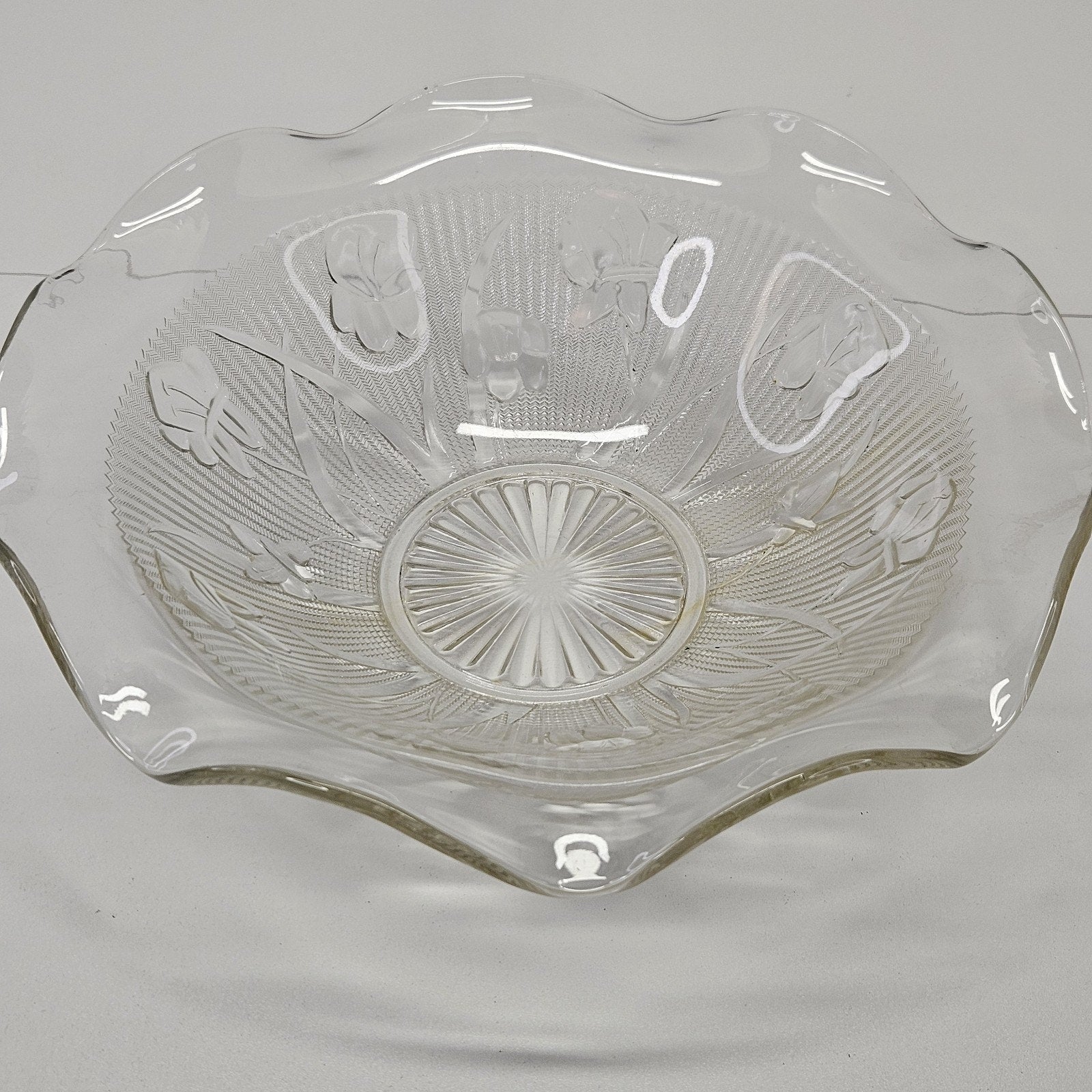Vintage Iris and Herringbone Jeanette Glass Bowl Fluted Edge Retro Clear Glass