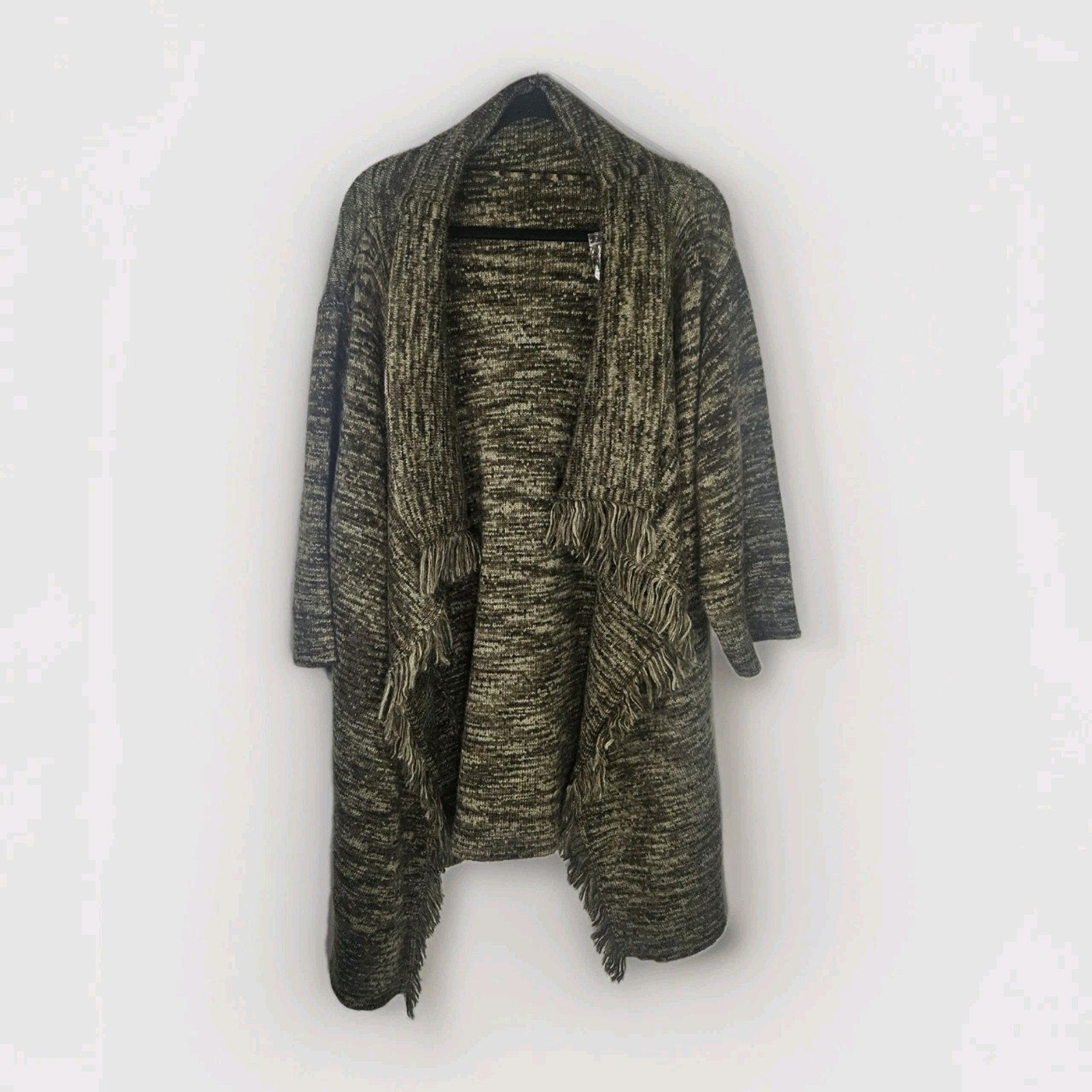 G.I.L.I. Women's Knit Sweater Cardigan Green Open Fringe M-XL PETITE NWOT Boho
