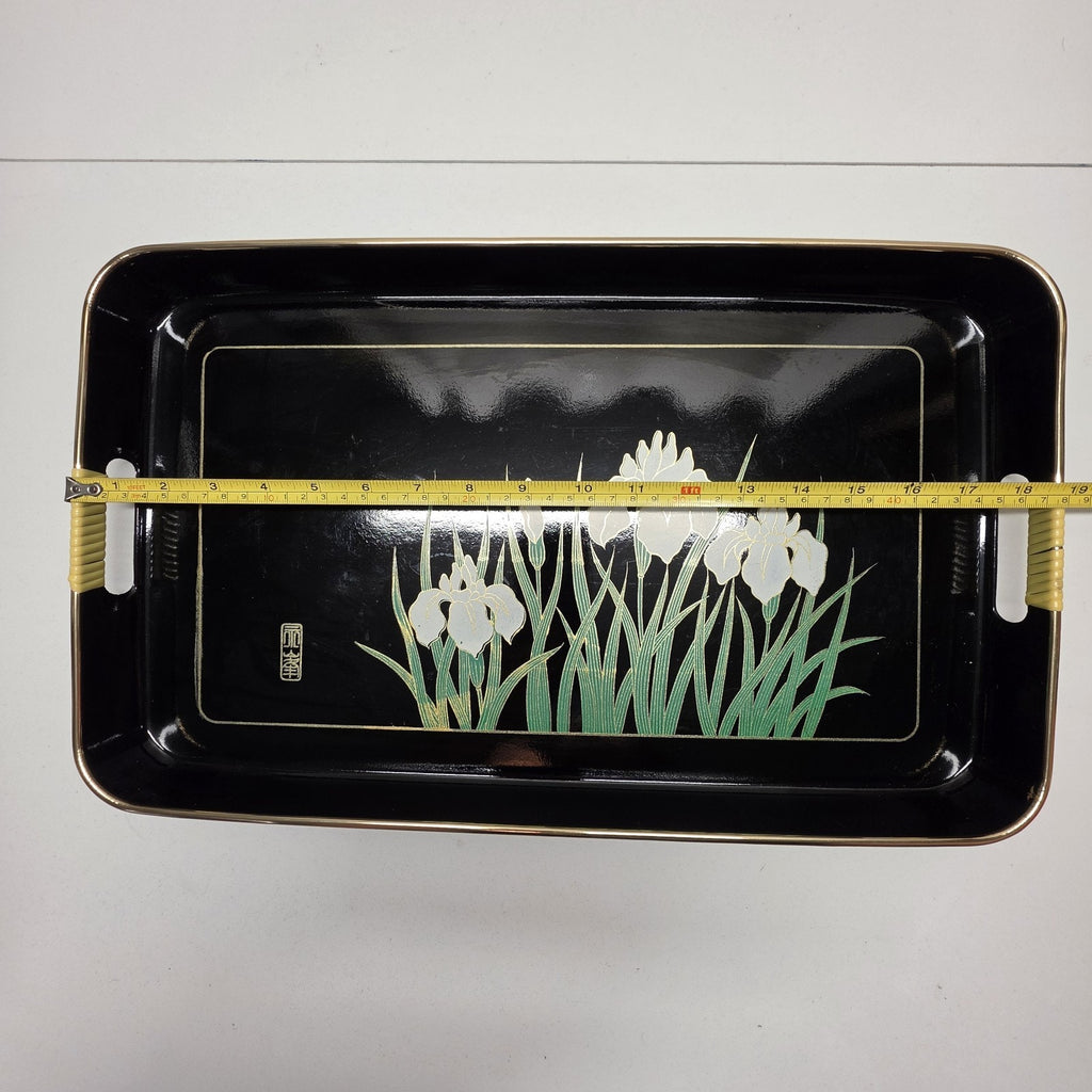 Vintage Handpainted Japanese Butterfly Tray With Handles 19x11" Black Retro Boho