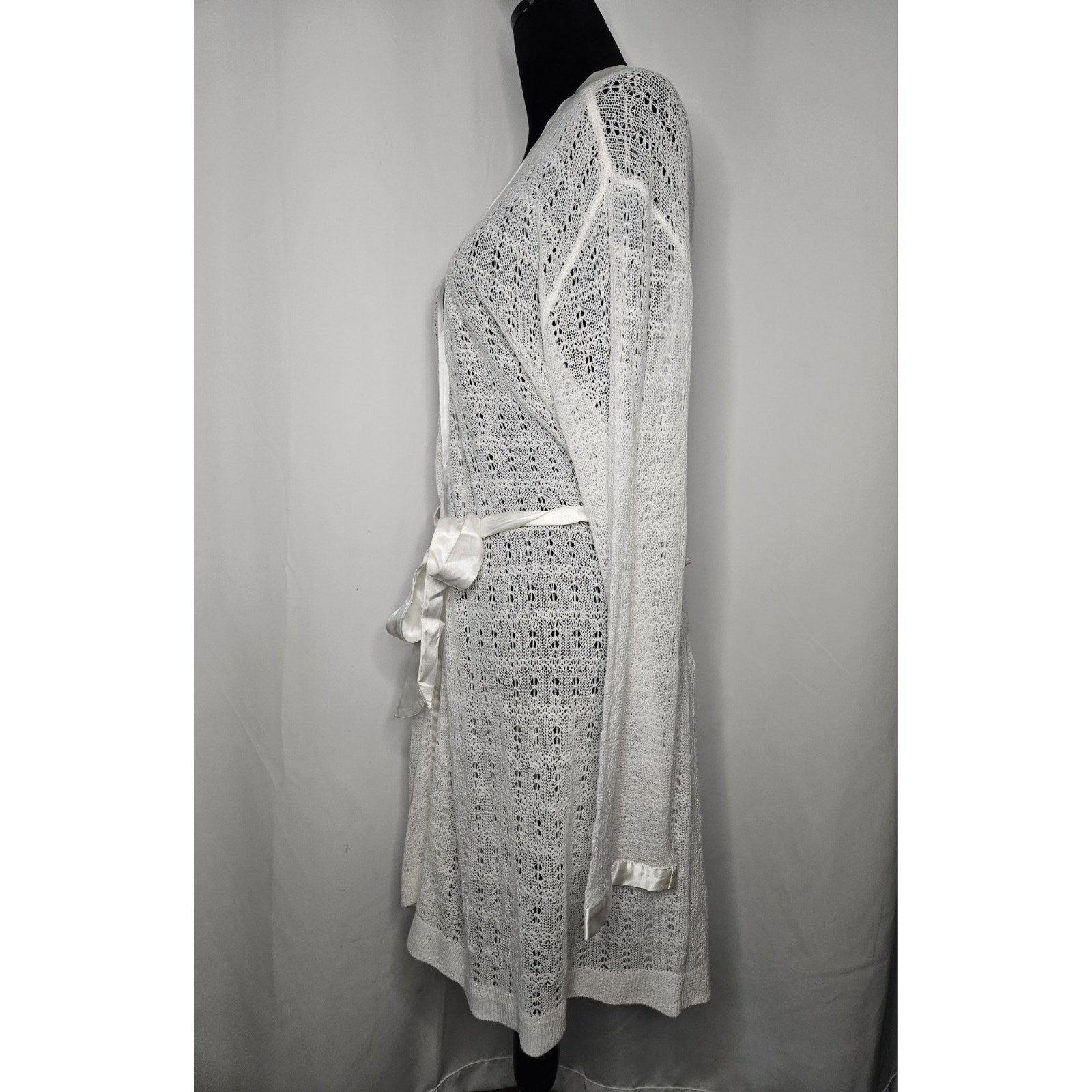Vintage Apostrophe Robe Kimono Nightgown White Cream Crochet Lace Floral Large