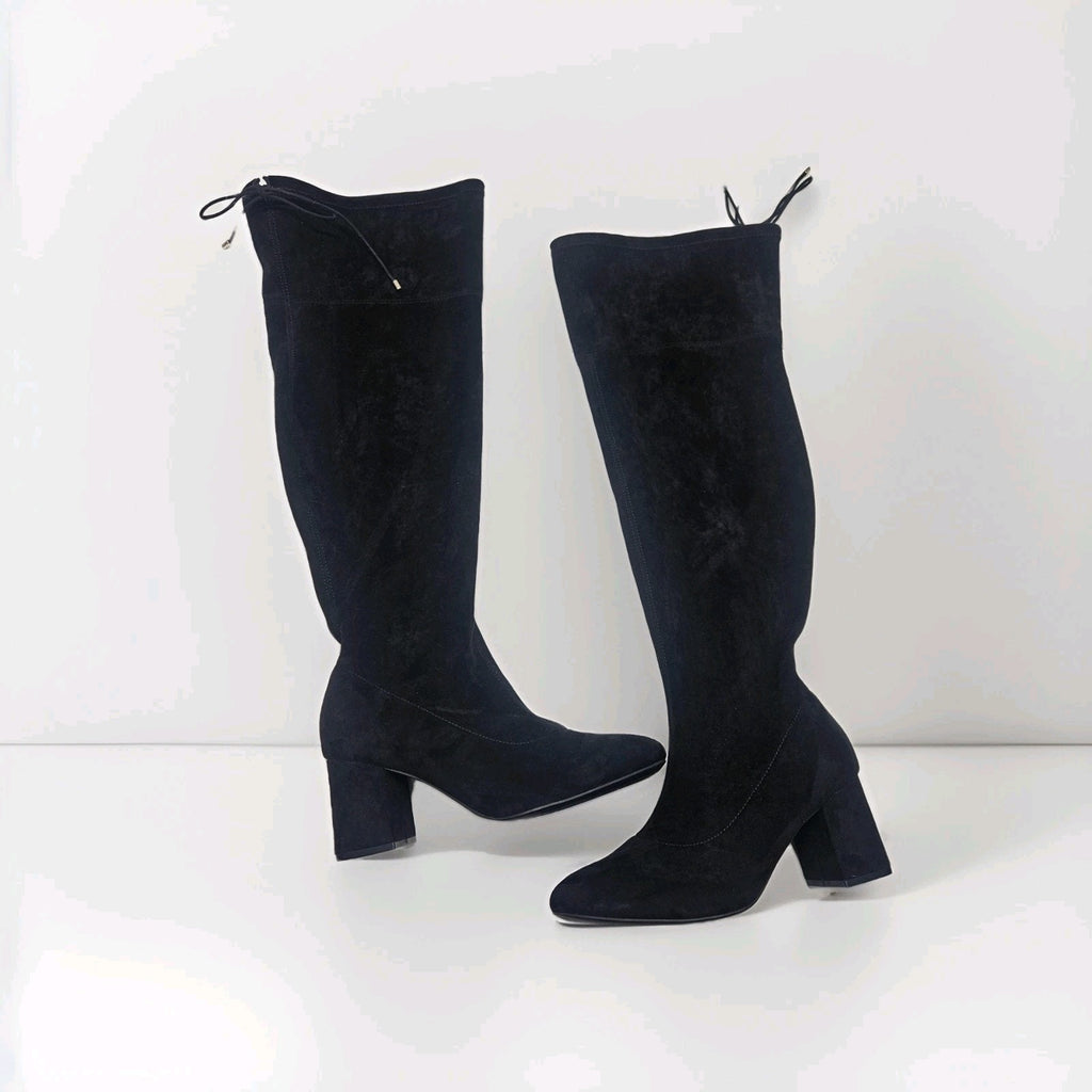 JUSTFAB Over The Knee Heeled Boots DAUPHINE Black Sz 9.5 Stretch 3" Heel Glam