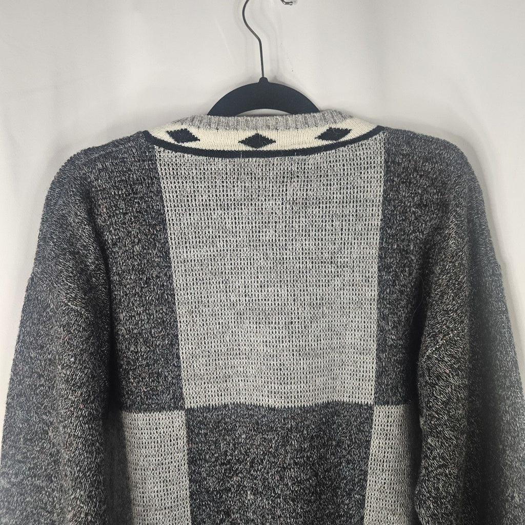 Vintage 80s London Fog Gray Acrylic Alpaca Vneck Sweater Mens TXL USA Geometric