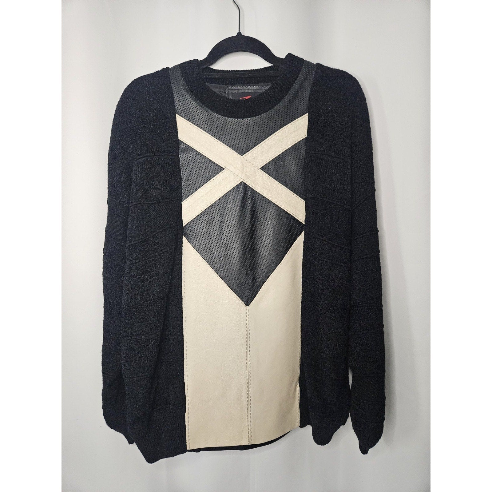 Vintage ZMANN Mens Large Leather Knit Colorblock Knit Sweater 80s Heavy Weight