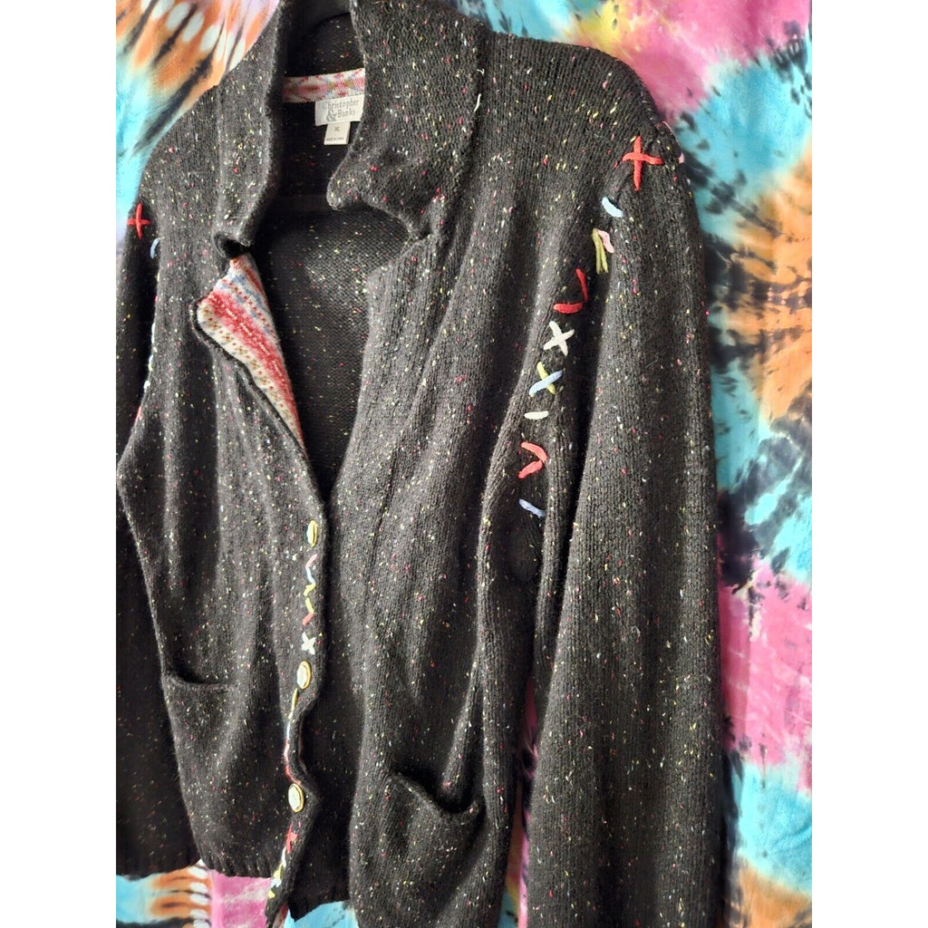 Christopher & Banks Black Confetti Button-Up Knit Sweater XL Stitch Ulgy Sweater
