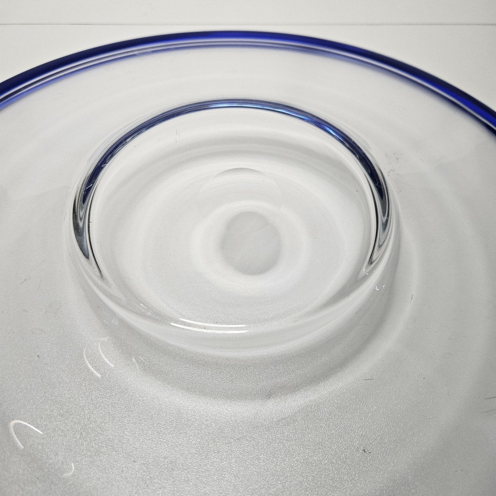 Vintage Hand Blown Blue Rim Clear Glass Platter Plate 13-3/4" Modern Candle Tray