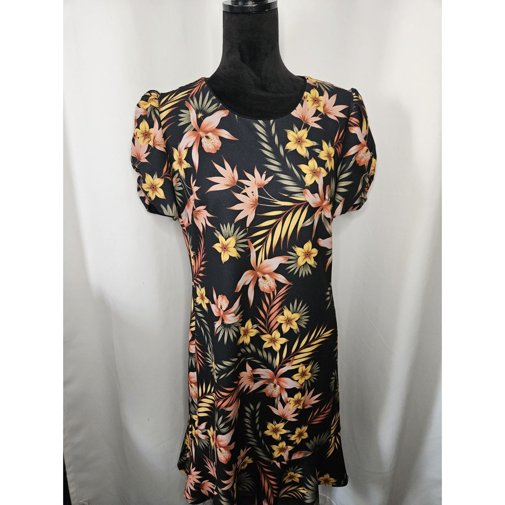 Karl Lagerfeld Dress Black Floral Dress A-Line Mini Short Sleeve Stretch Size 12