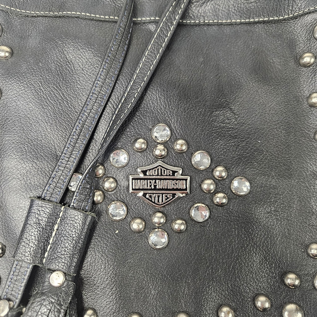 Y2K Women's Black Leather Drawstring Harley-Davidson Purse Rhinestones Studs