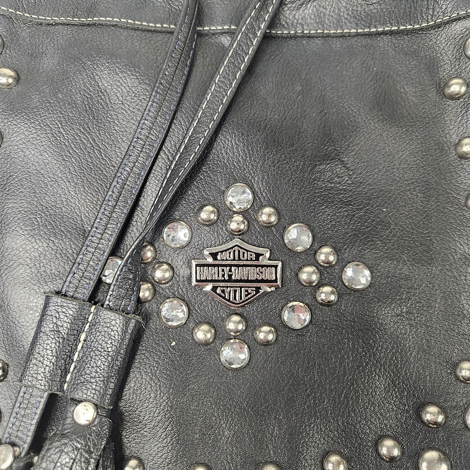 Y2K Women's Black Leather Drawstring Harley-Davidson Purse Rhinestones Studs