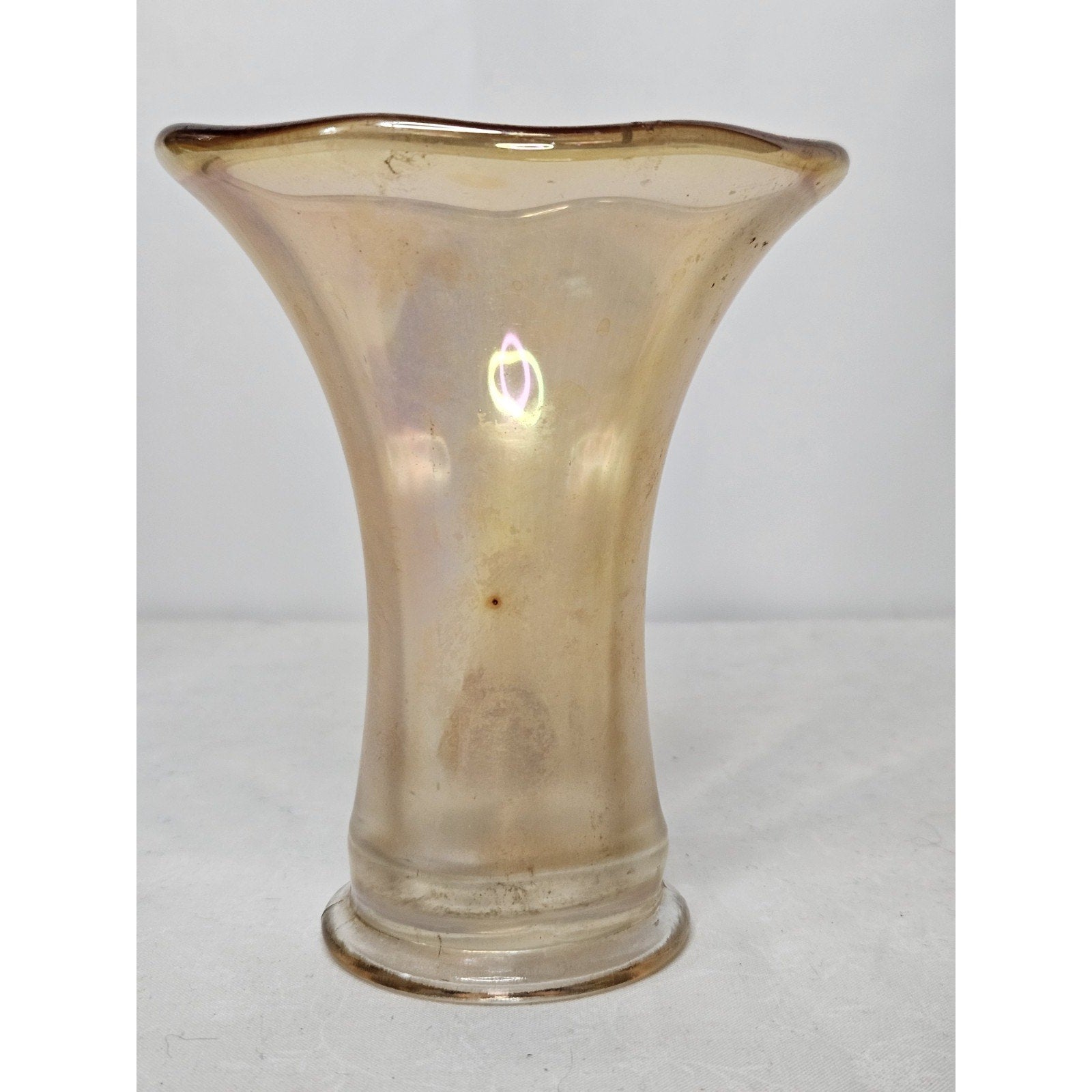 Vintage Art Glass Vase Set Iridescent Wide Flared Rim 5" Tall Scalloped Rim