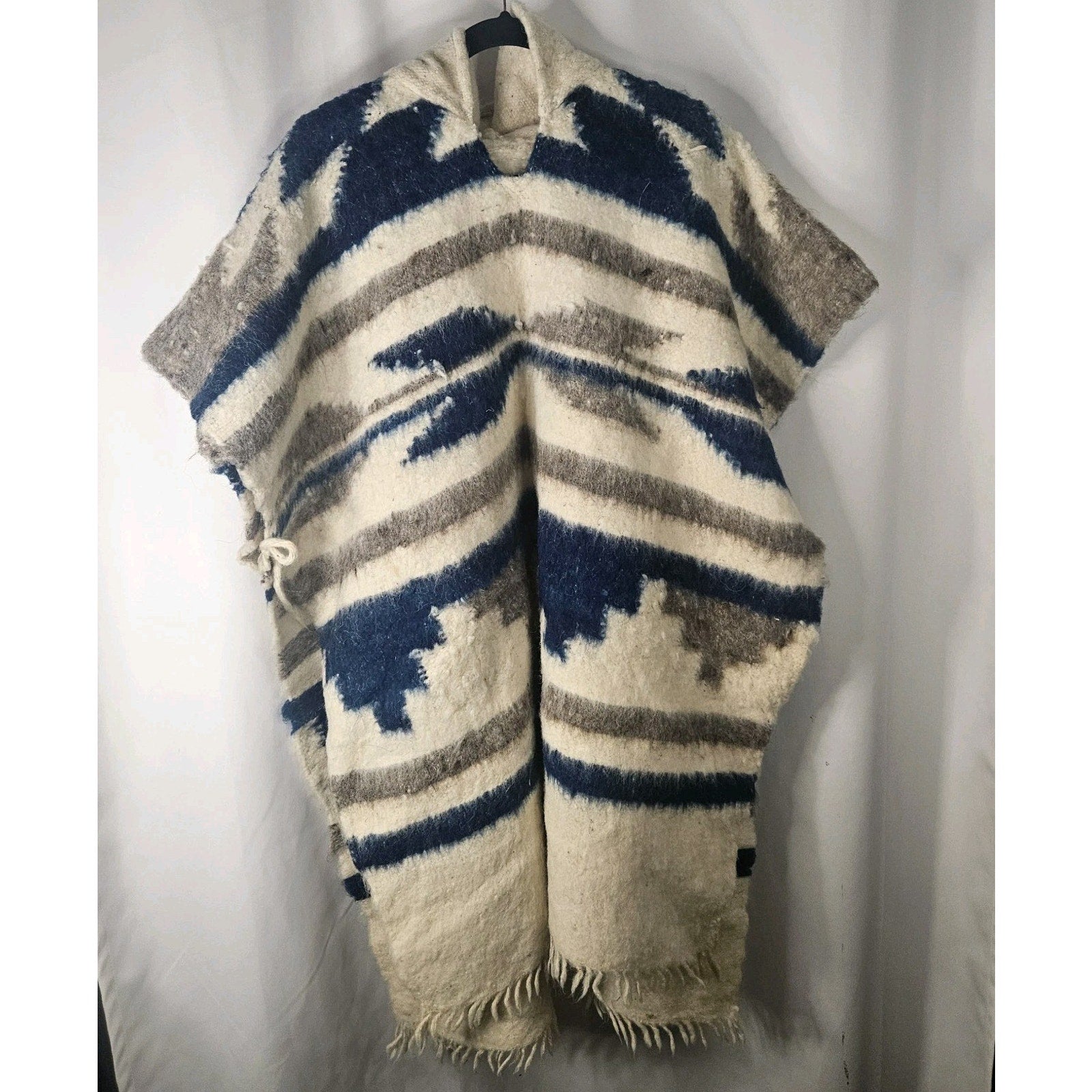100% Wool Poncho Hooded in Beige Brown Blue Soft Southwestern Aztec Boho Comfort