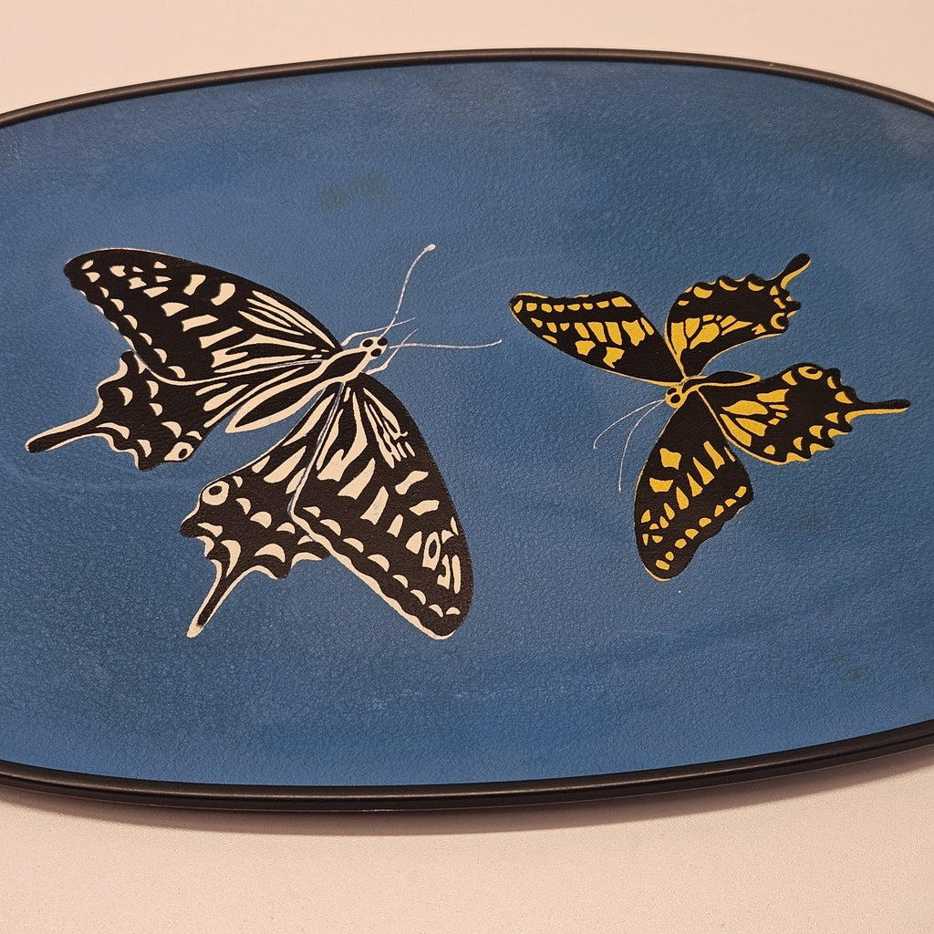 Vintage Handpainted Oval Butterfly Tray With Handles 18"x12" Blue Retro Boho