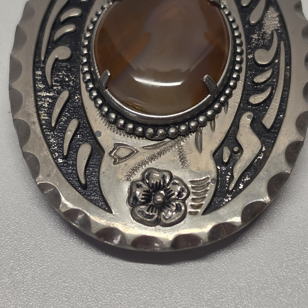 Vintage Western Belt Buckle Oval Silver Tone Brown Agate Stone Cowboy Equestrian