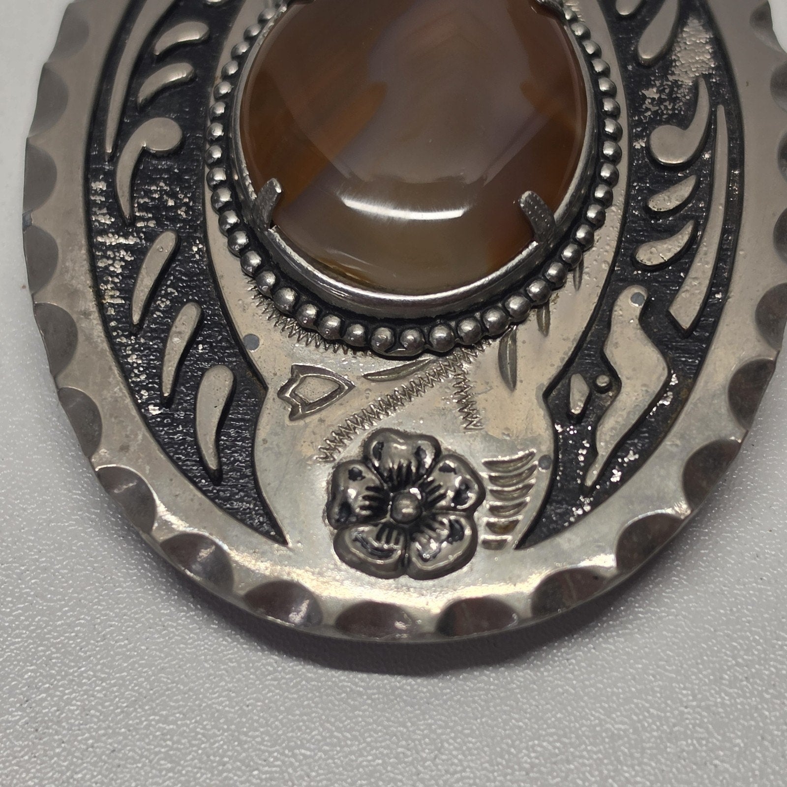 Vintage Western Belt Buckle Oval Silver Tone Brown Agate Stone Cowboy Equestrian