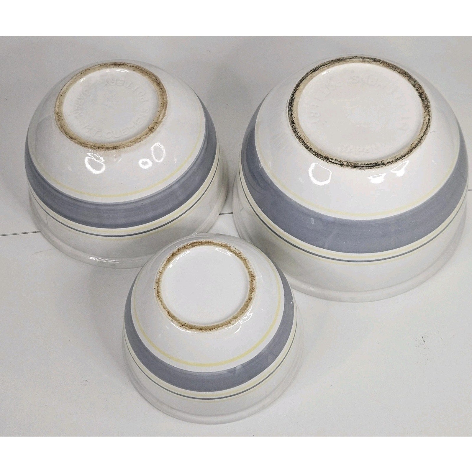 Vtg MCM Mount Mt. Clemens Pottery Mixing Bowl Set 3 Gray Yellow Stripes Japan