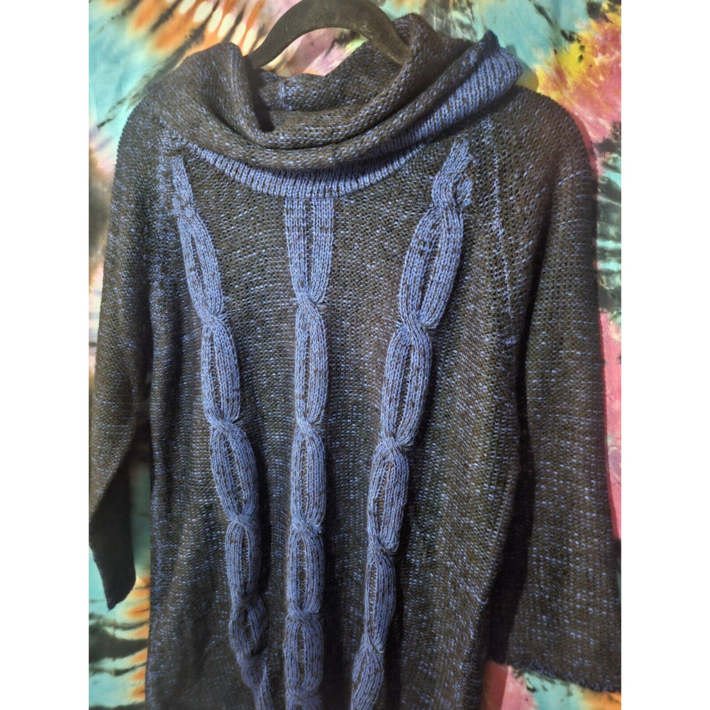 Notations Blue Black Knit Cowl Neck Midi Sweater 3/4 Sleeves XL