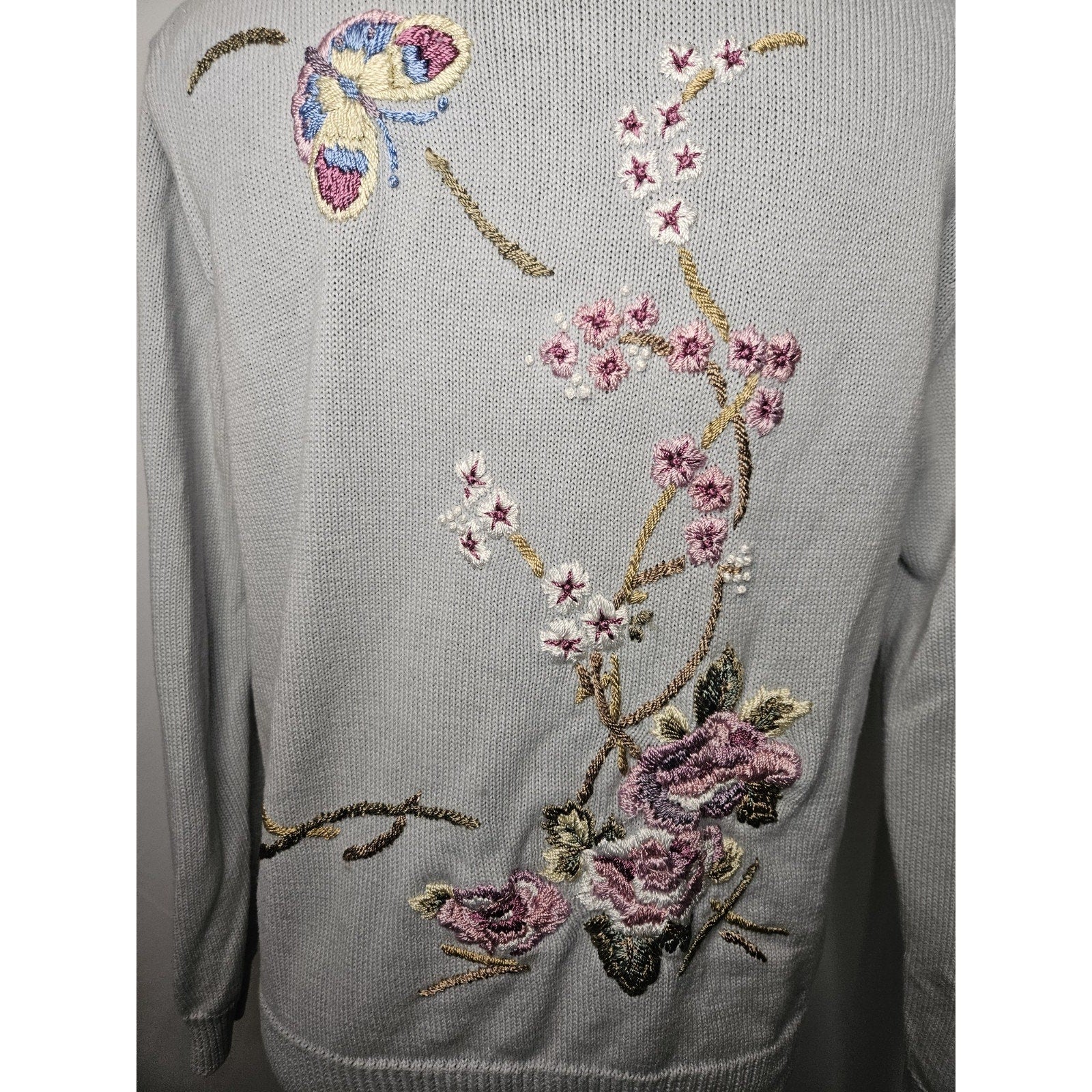 Vtg Heirloom Collectibles Embroidered Floral Cardigan Sweater Medium Cottage