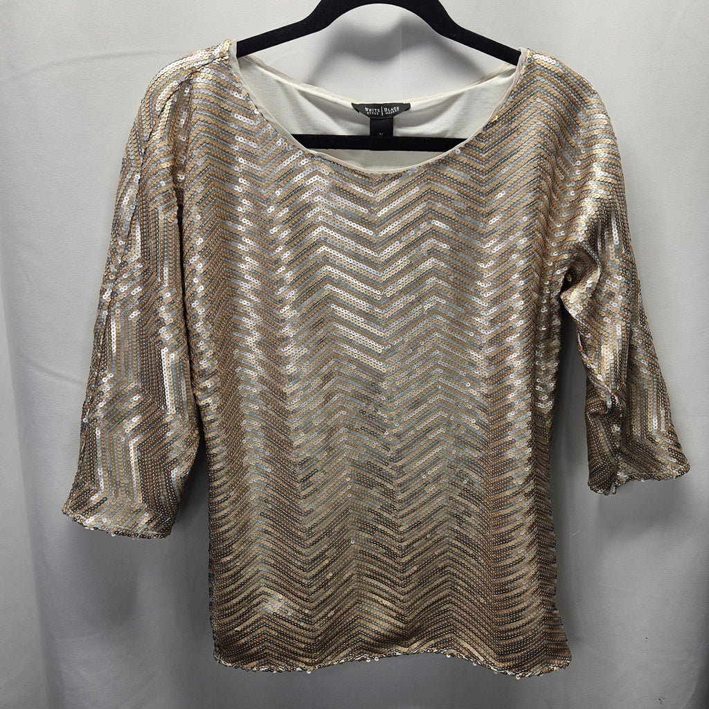White House Black Market Silver Gold Chevron Sequin Dolman Top Womens Medium