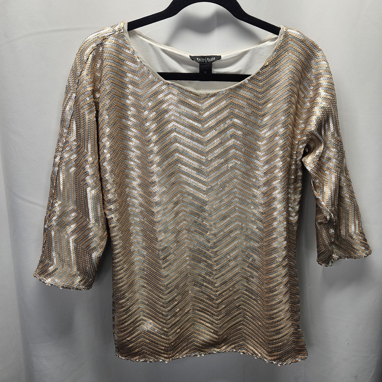 White House Black Market Silver Gold Chevron Sequin Dolman Top Womens Medium