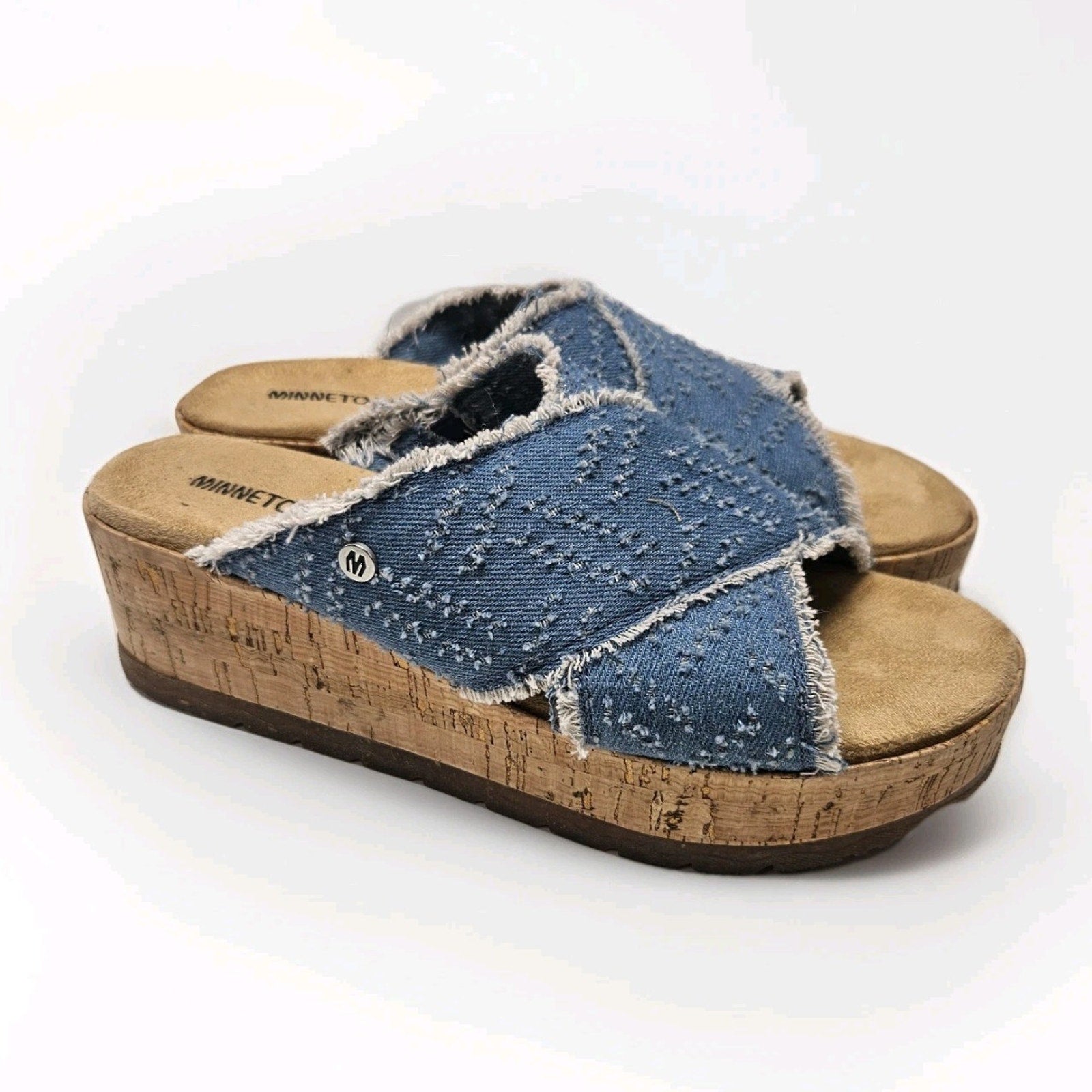 Minnetonka Posey Wedge Sandals Denim Slip On Platforms Size 9 Preppy Y2K Grunge