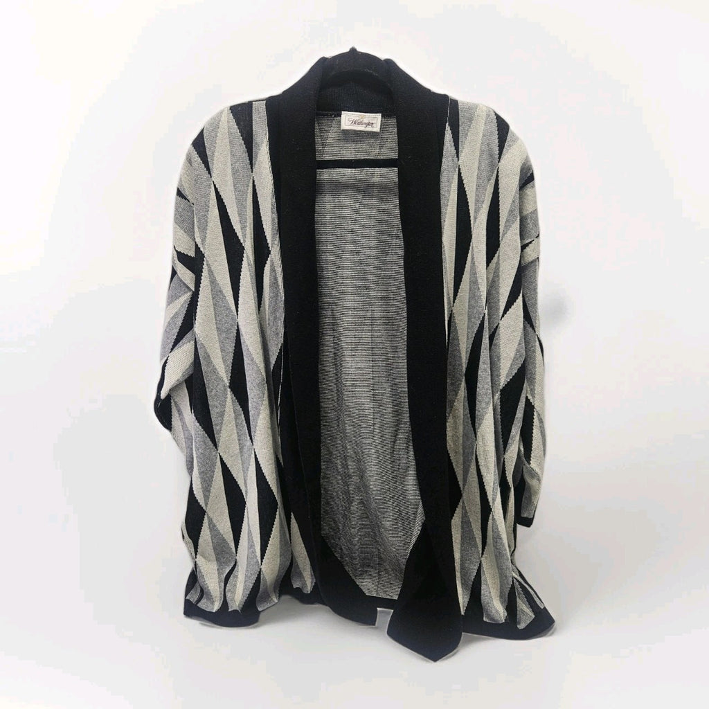 Vintage 80s Worthington Geometric Long Knit Sweater Cardigan XL Boho Gray USA