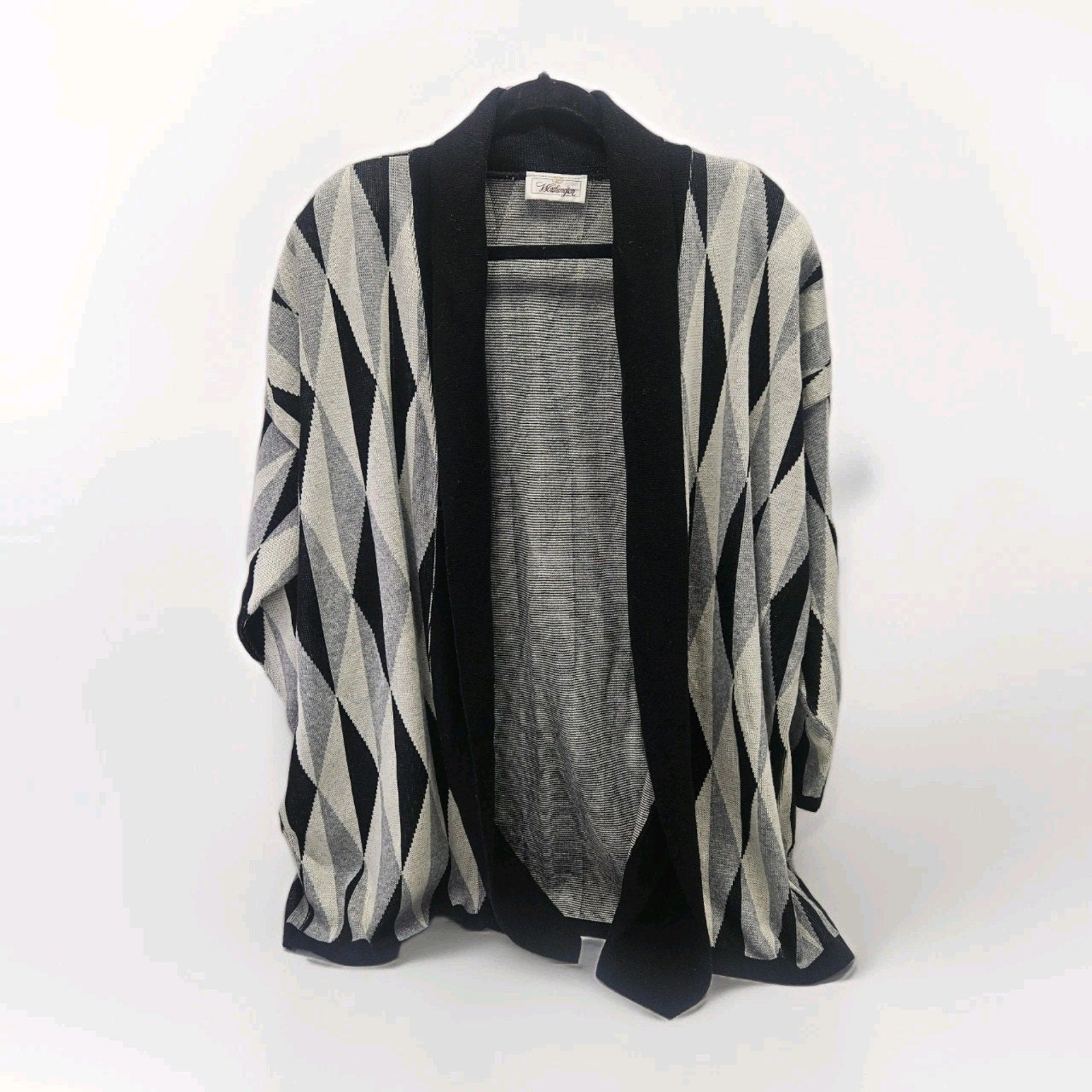 Vintage 80s Worthington Geometric Long Knit Sweater Cardigan XL Boho Gray USA