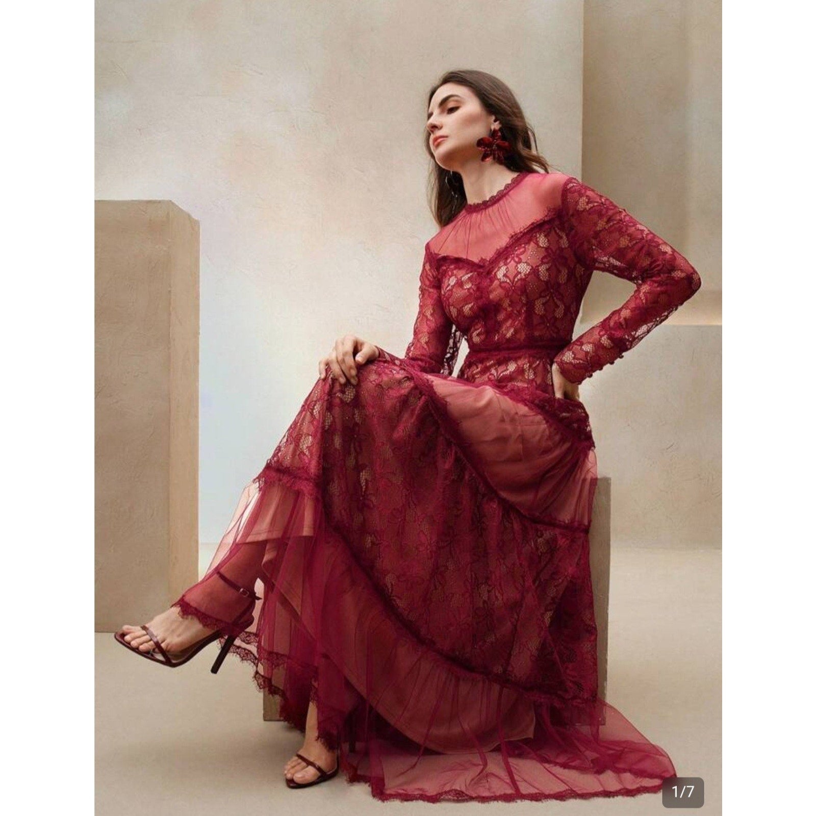 Sheer Mesh Contrast Lace Hollow Embroidered Mesh Waist-Cinched Maxi Large Red Dress