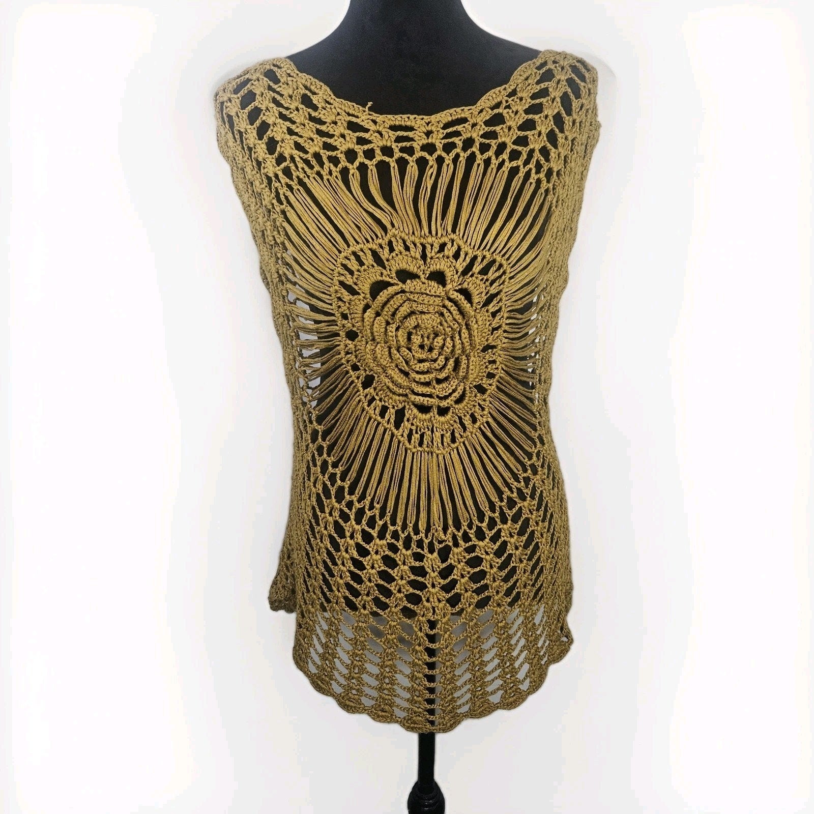 Unbranded Crochet Flower Top Womens XS/S Cotton Open Knit Gold Boho Festival
