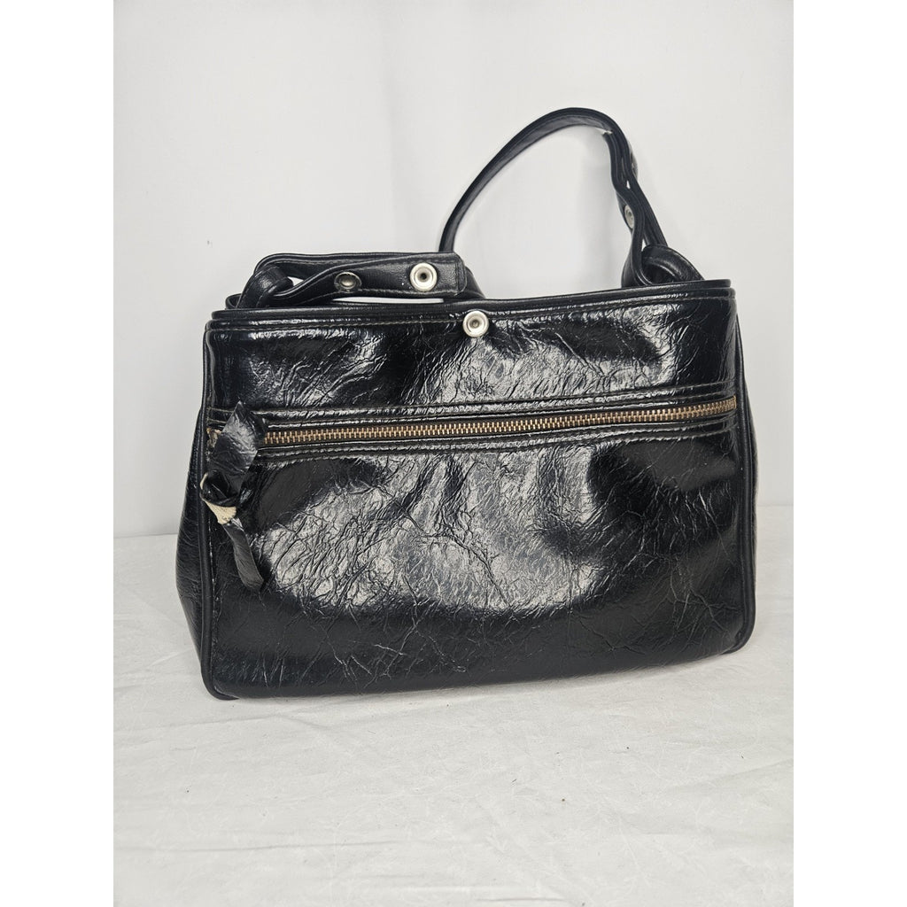 Vintage 70s Handmade Black Leather Tote Handbag Purse Shoulder Bag