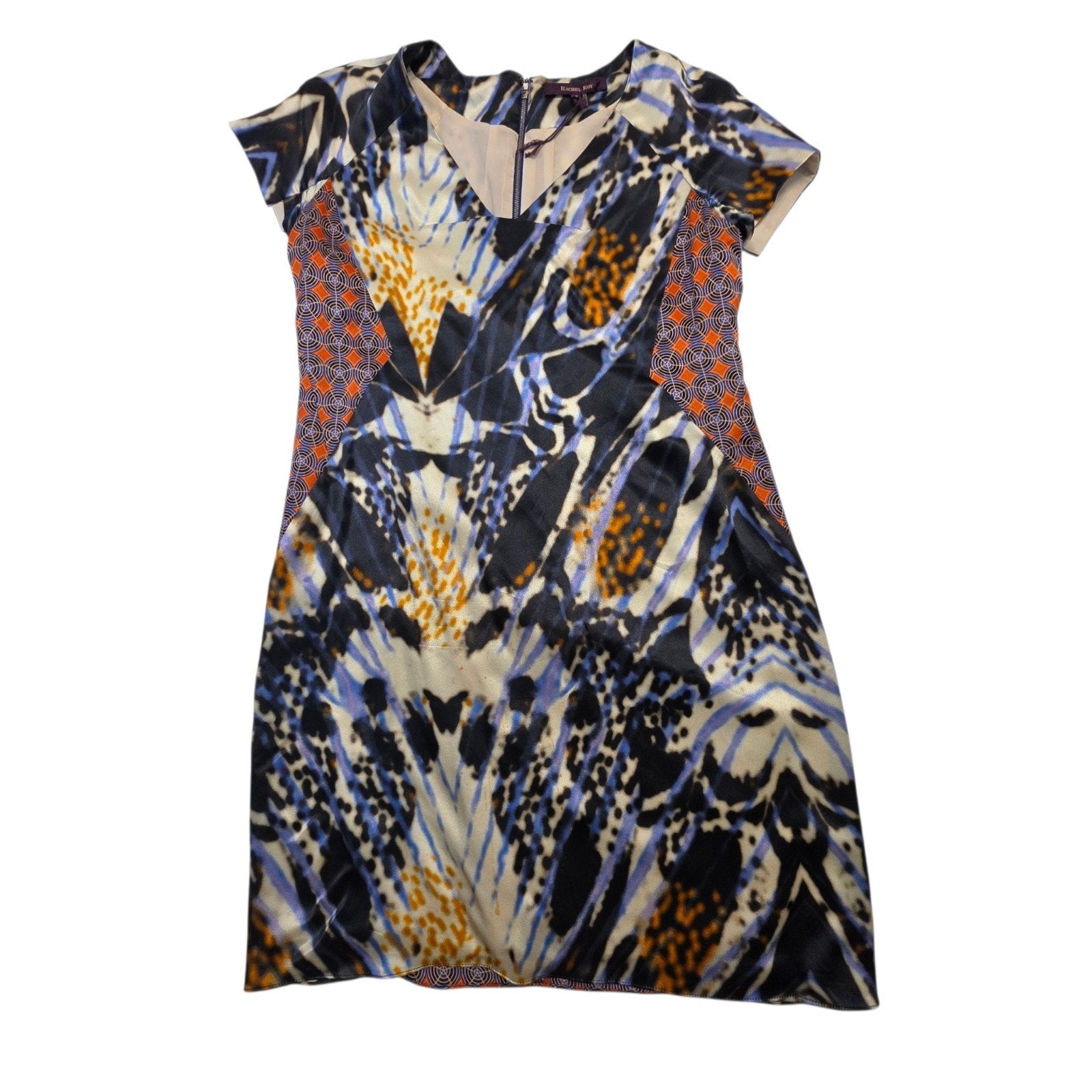 RACHEL ROY Collection Multicolored Patch Pattern Silk V Neck Sheath Dress Sz 8