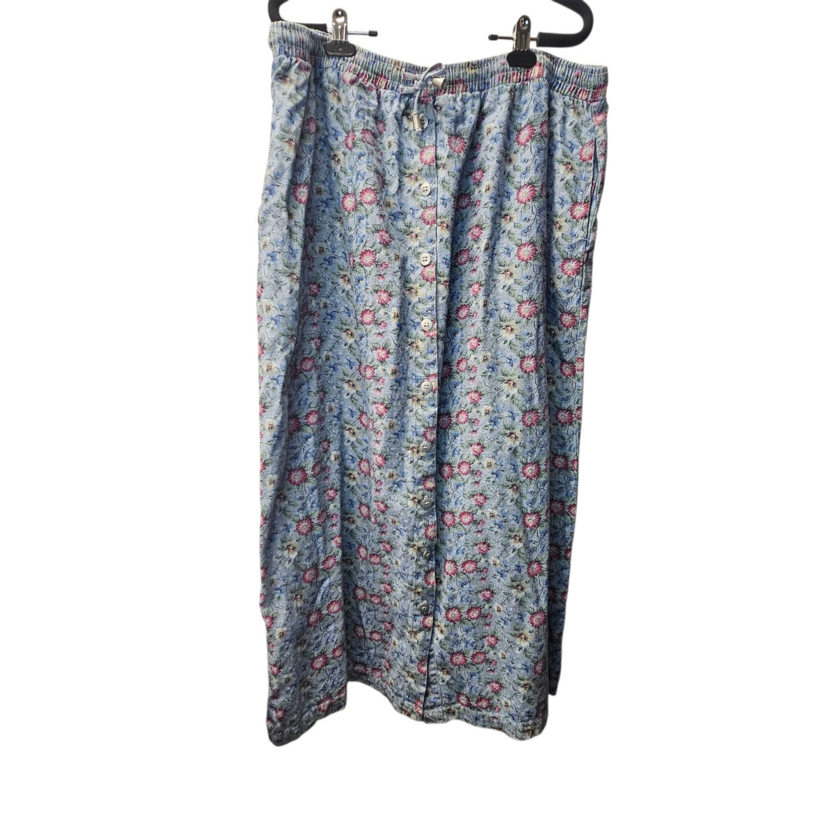 Vtg Y2K Denim Floral 100% Cotton Button Front XL Midi Skirt Pockets New Look