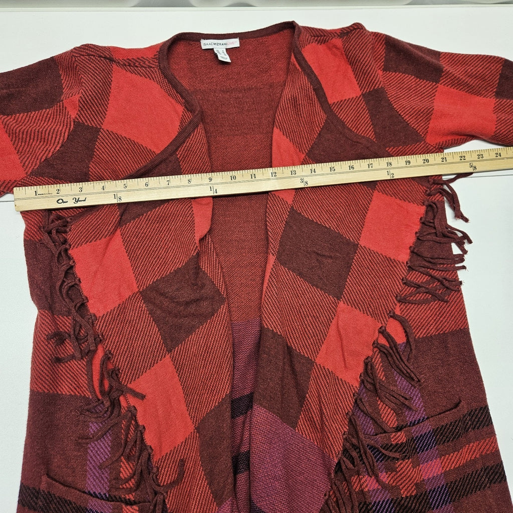 Isaac Mizrahi Red Multi Plaid Fringe Trim Open Front Cardigan Sweater Small