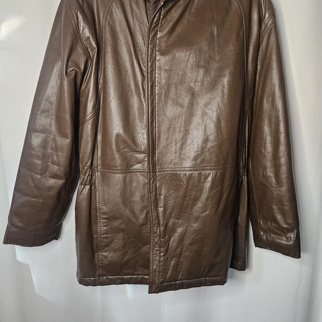 Nino Cerruti Sport Brown Leather Parka Brown Sz Large Asymmetrical Collared Vtg
