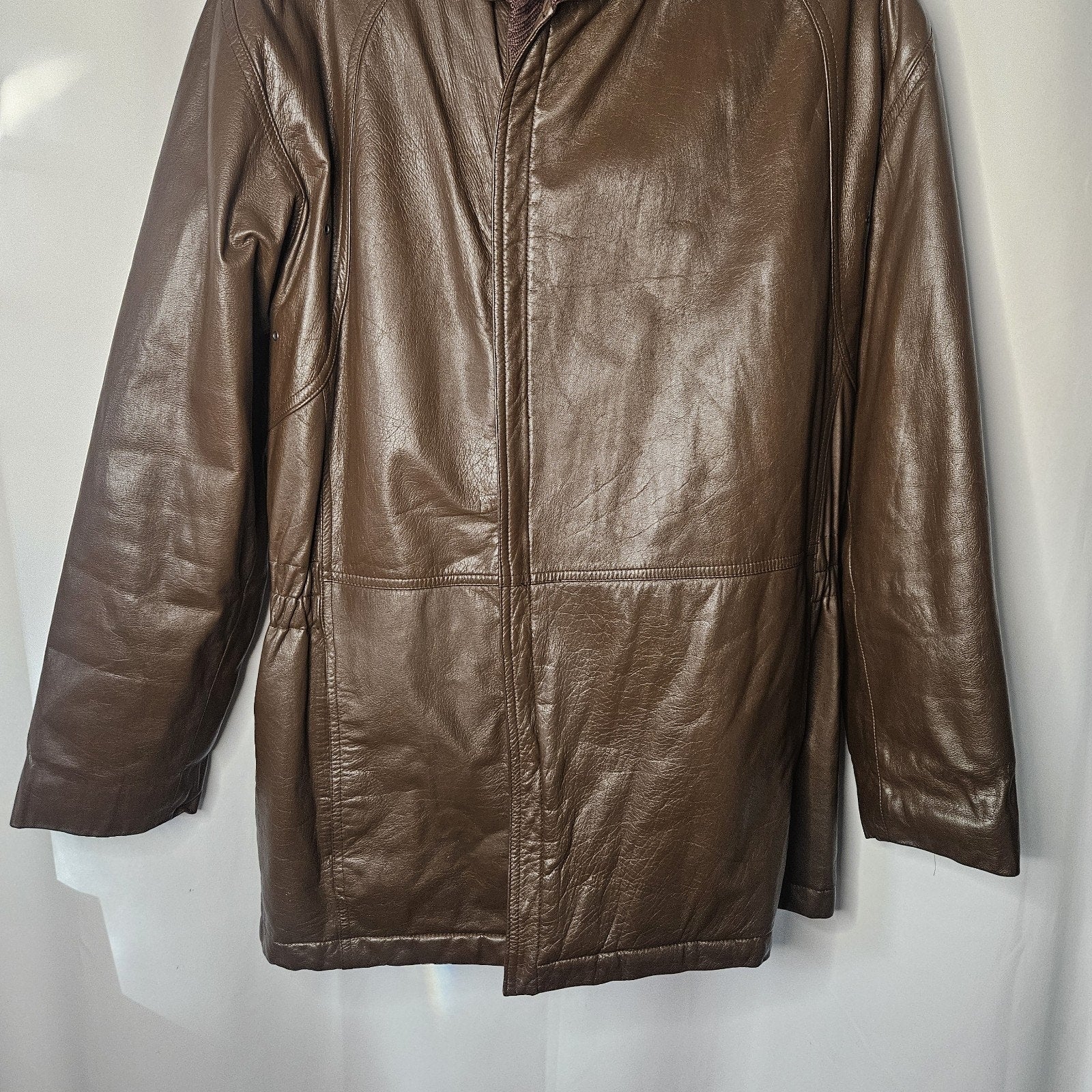 Nino Cerruti Sport Brown Leather Parka Brown Sz Large Asymmetrical Collared Vtg