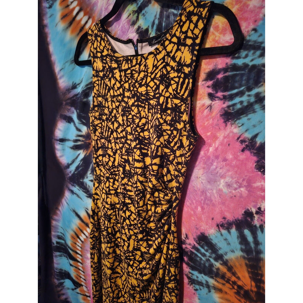Vintage Kenneth Cole Body Con Zipper Ruched Dress Yellow & Black Abstract Print Size 4
