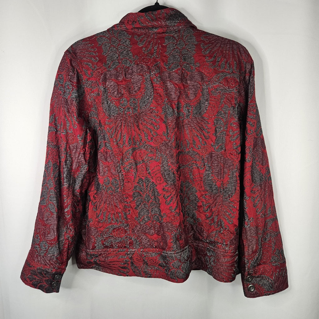 Chicos Size 2 Jacket Womens Red Gray Snap Front Lined Pockets Cotton Lyocell L