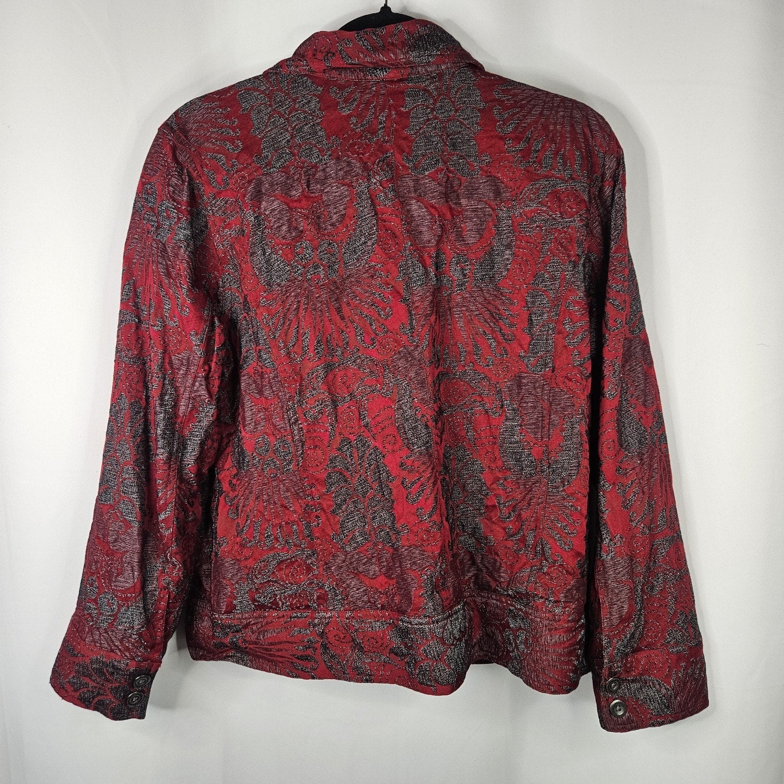 Chicos Size 2 Jacket Womens Red Gray Snap Front Lined Pockets Cotton Lyocell L