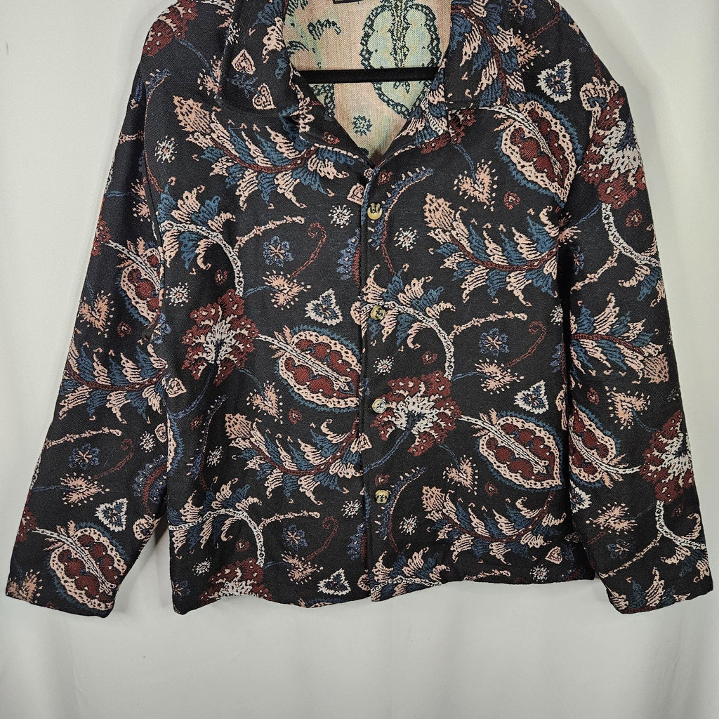 Massive Luxury Mens Tapestry Jacket Medium Black Pink Paisley Retro Baroque