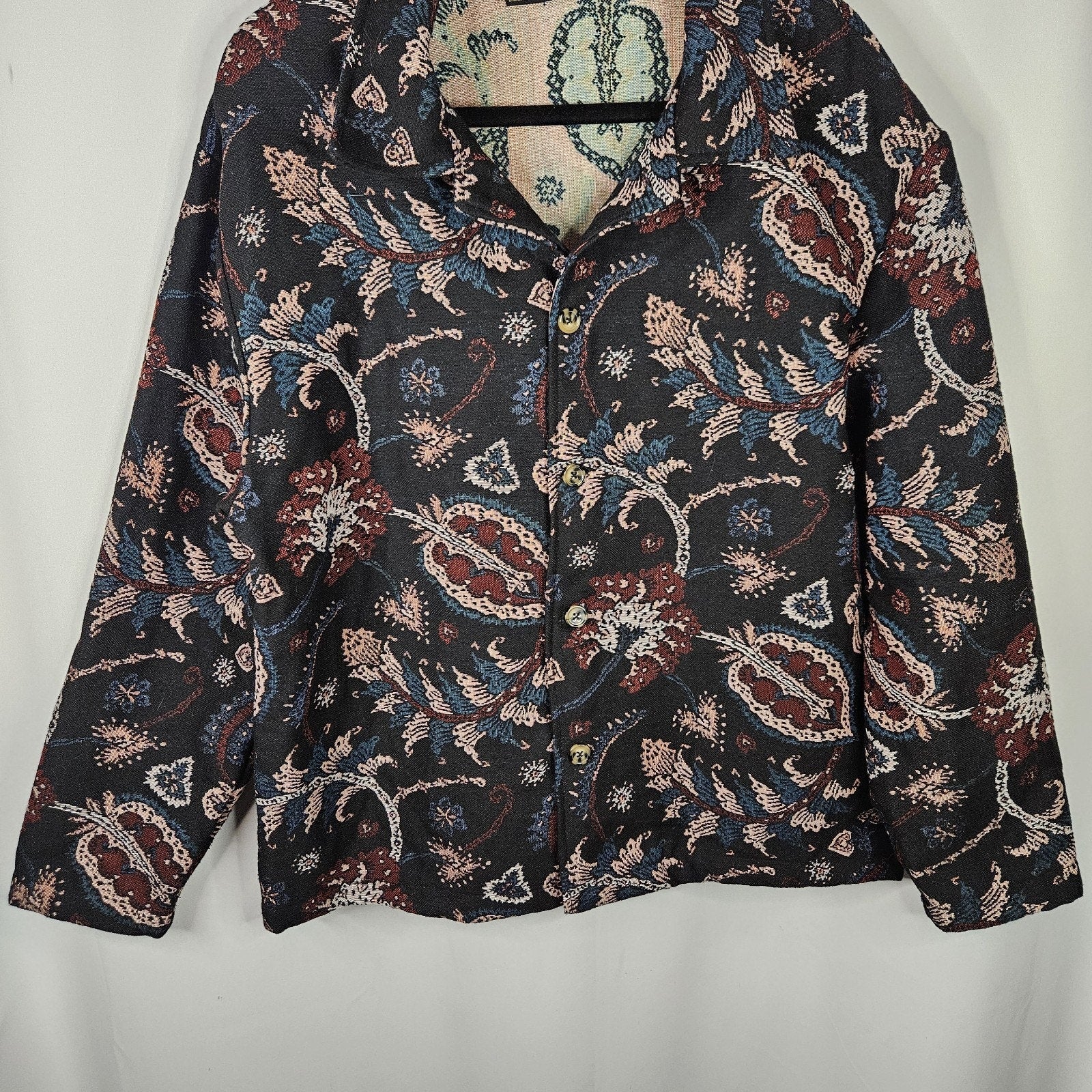 Massive Luxury Mens Tapestry Jacket Medium Black Pink Paisley Retro Baroque