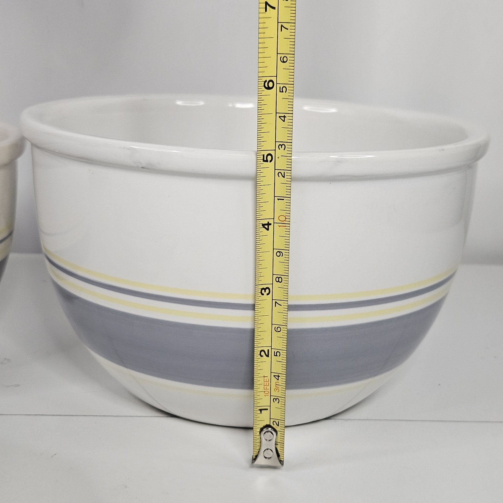 Vtg MCM Mount Mt. Clemens Pottery Mixing Bowl Set 3 Gray Yellow Stripes Japan