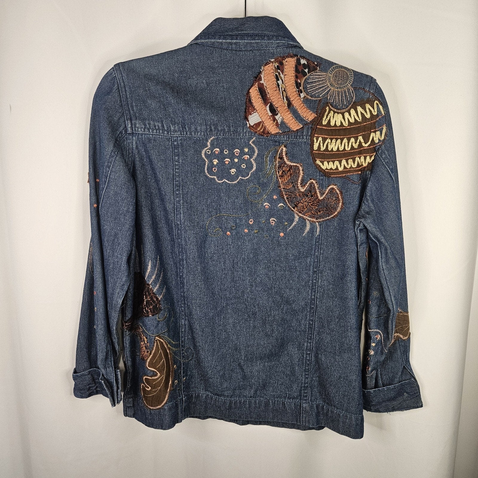 Vintage Boho Patchwork Embroidered Blue Denim Shirt Top Size Small Artsy Cottage