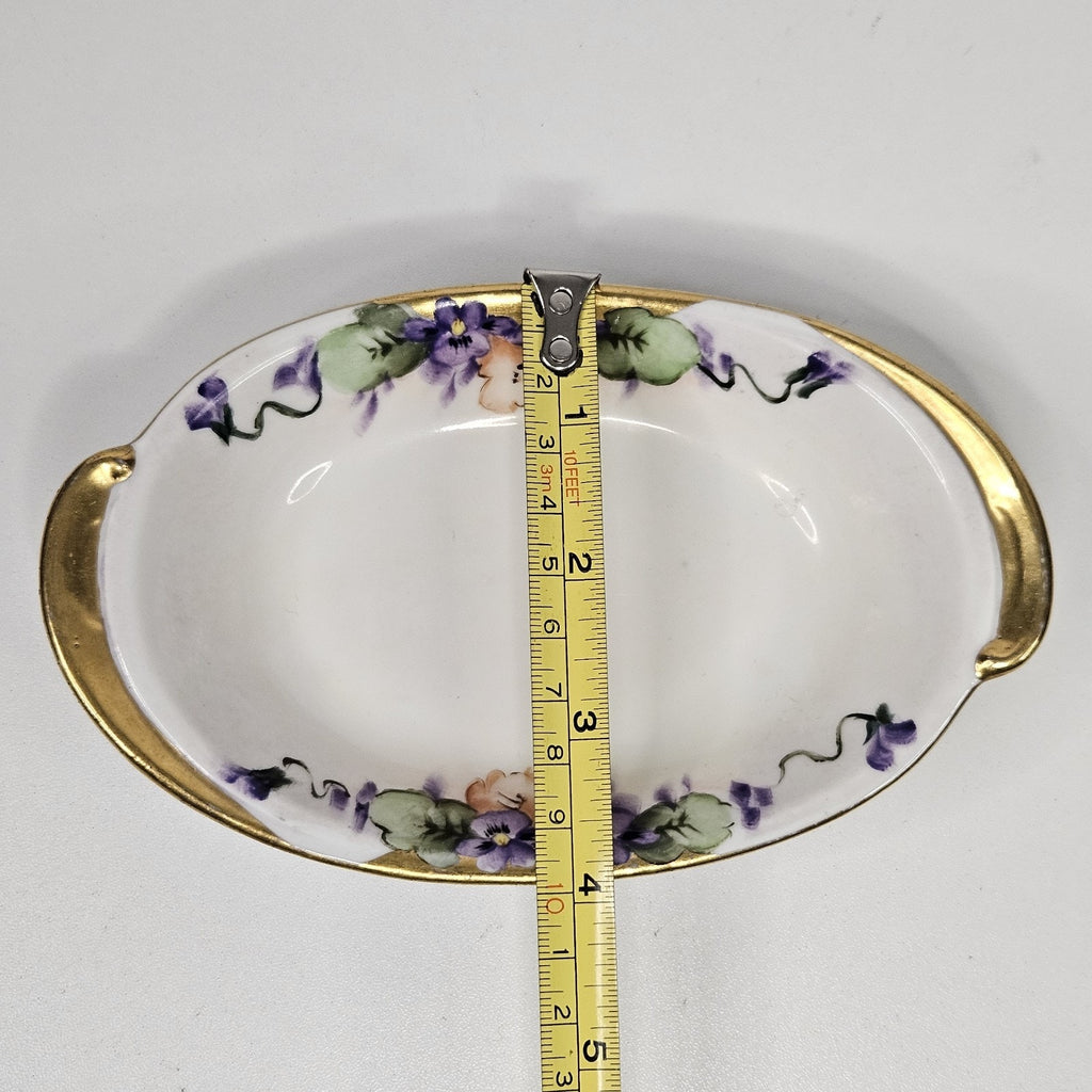 Antique hand-painted porcelain nappy dish candy bowl violet motif gold trim