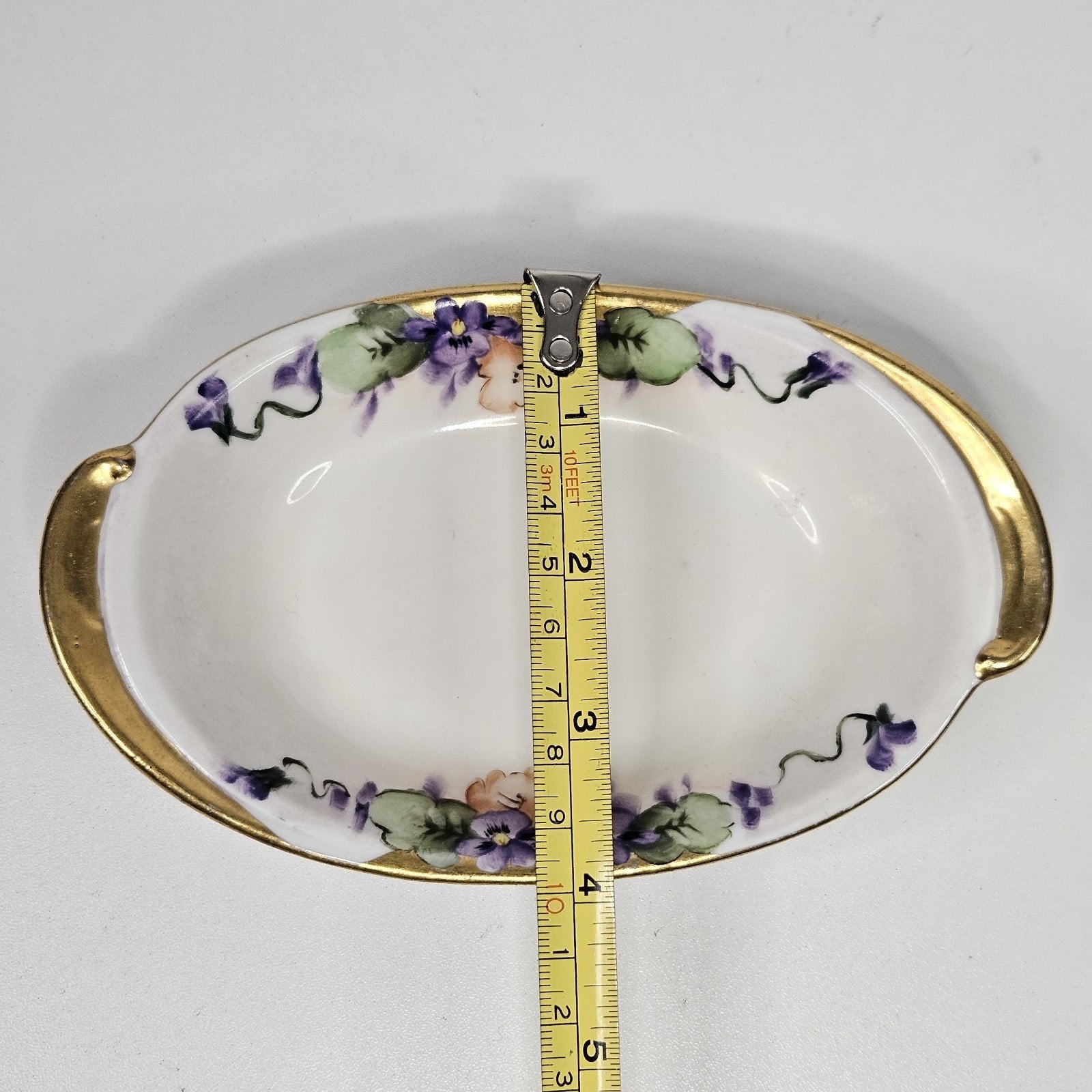 Antique hand-painted porcelain nappy dish candy bowl violet motif gold trim