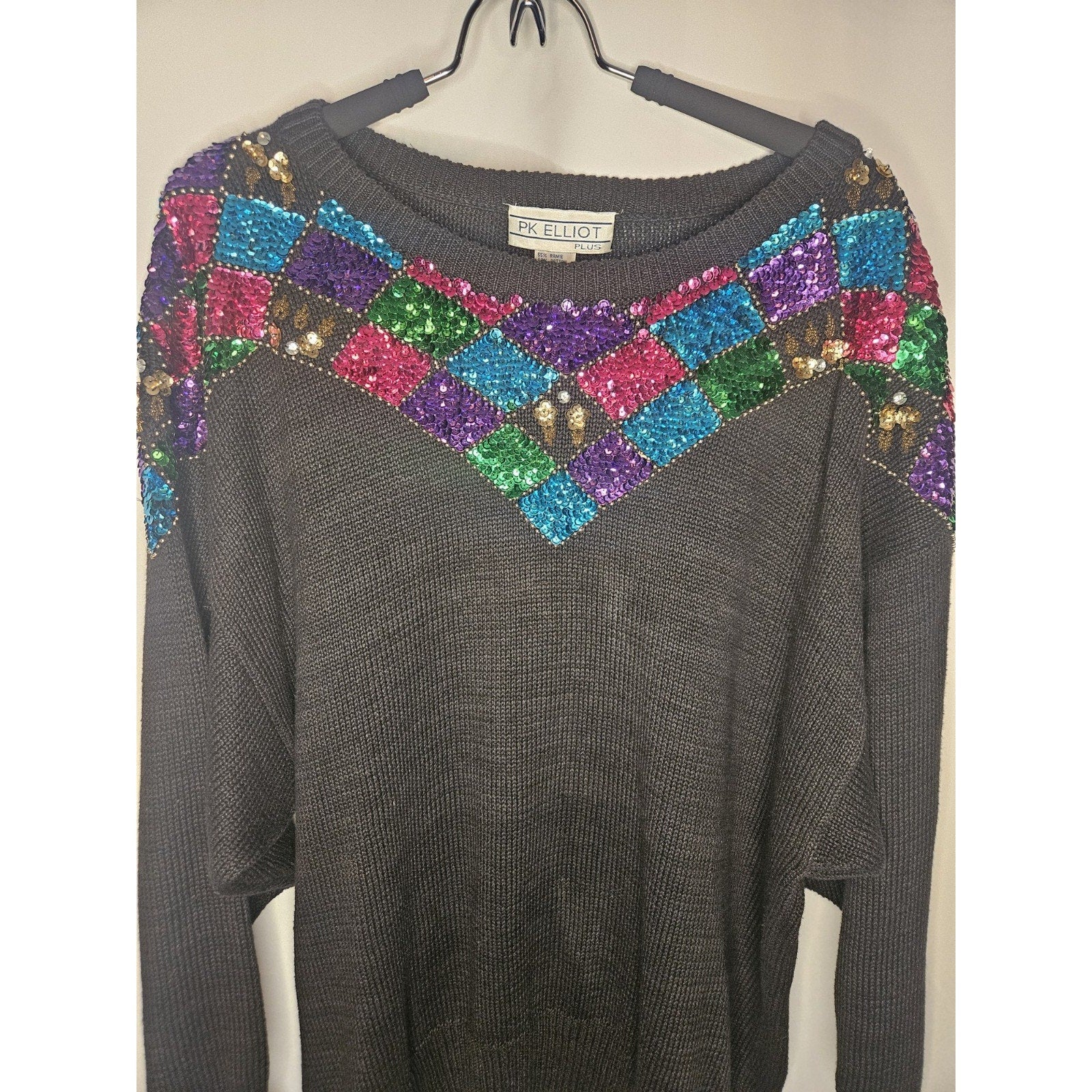 Vintage PK Elliot Plus Sweater 2X Black Sequins Pullover Casual Knit Grannycore